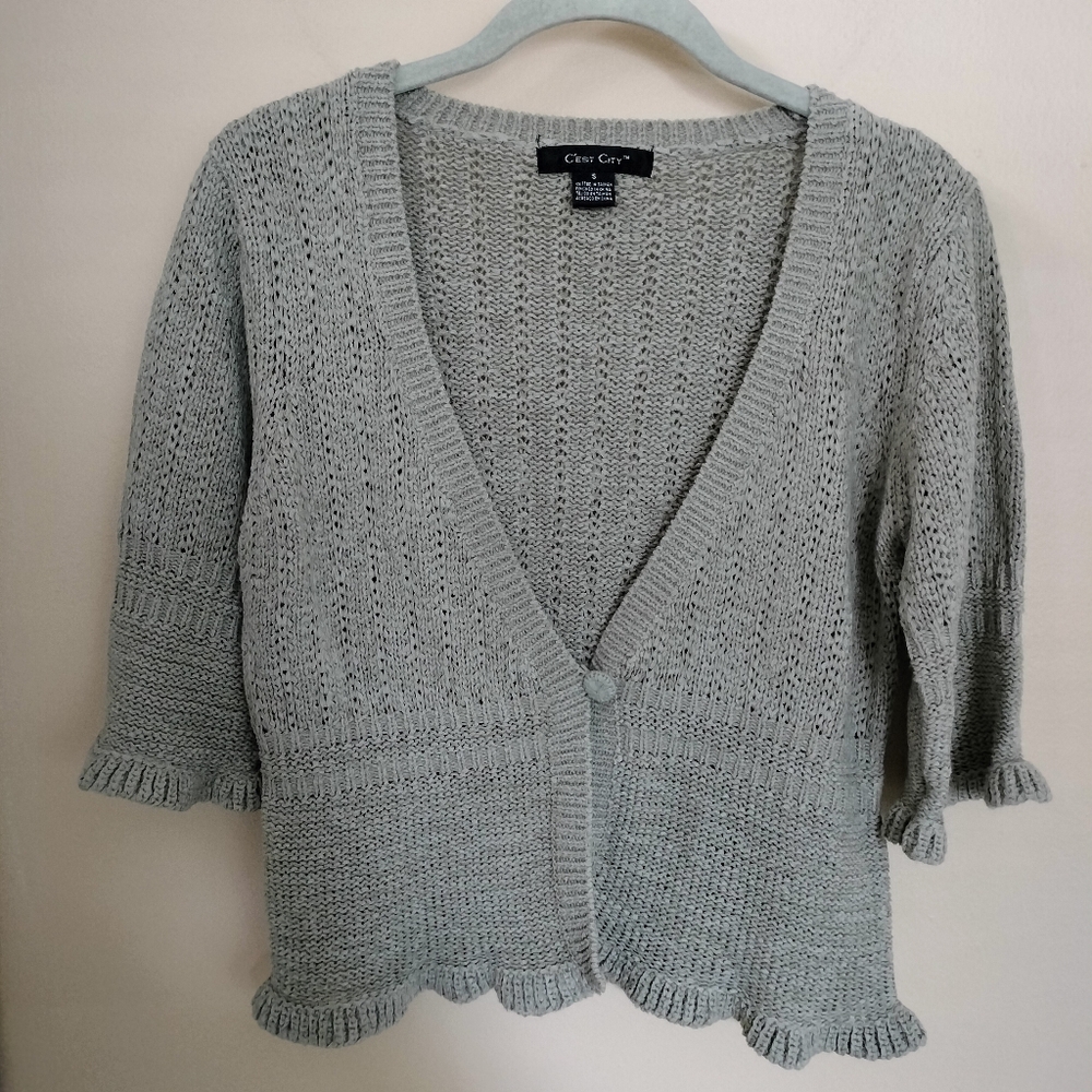 C'est City gray one button Short Sleeve Knit cardigan S Office Minimalist